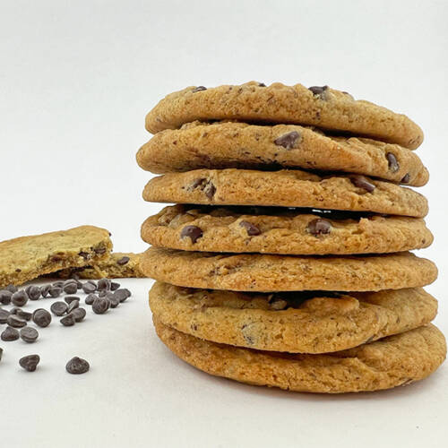 Vegan chocolate chip cookie stack to show product.